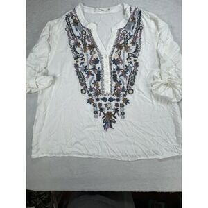 Solitaire Women 3X Boho Embroidered Peasant Blouse White Floral  Tunic